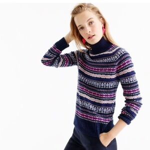 J. Crew Navy and Pink Fair Isle Mock Neck Wool Sweater